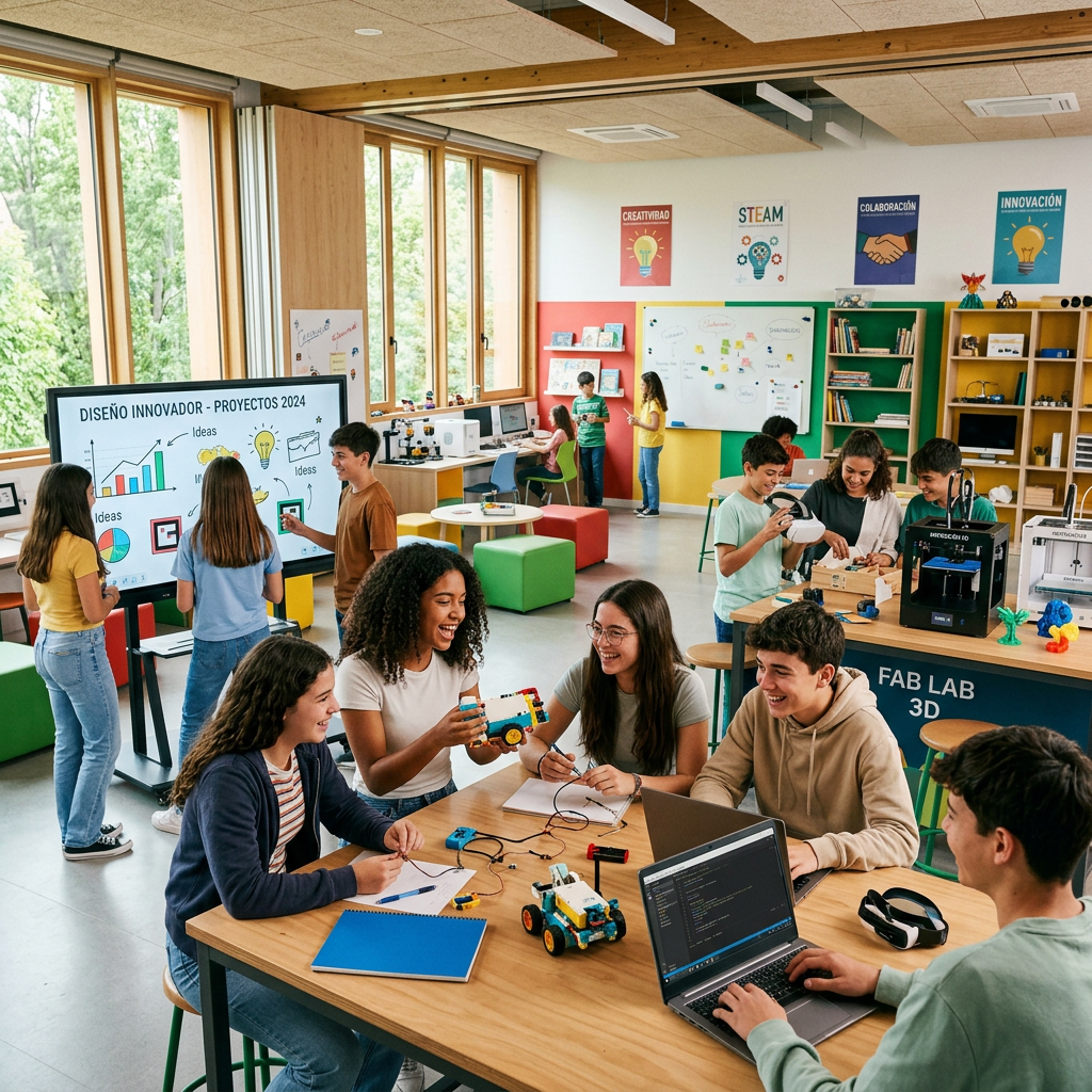 Students working together on robotics, coding, and 3D printing projects in a modern classroom