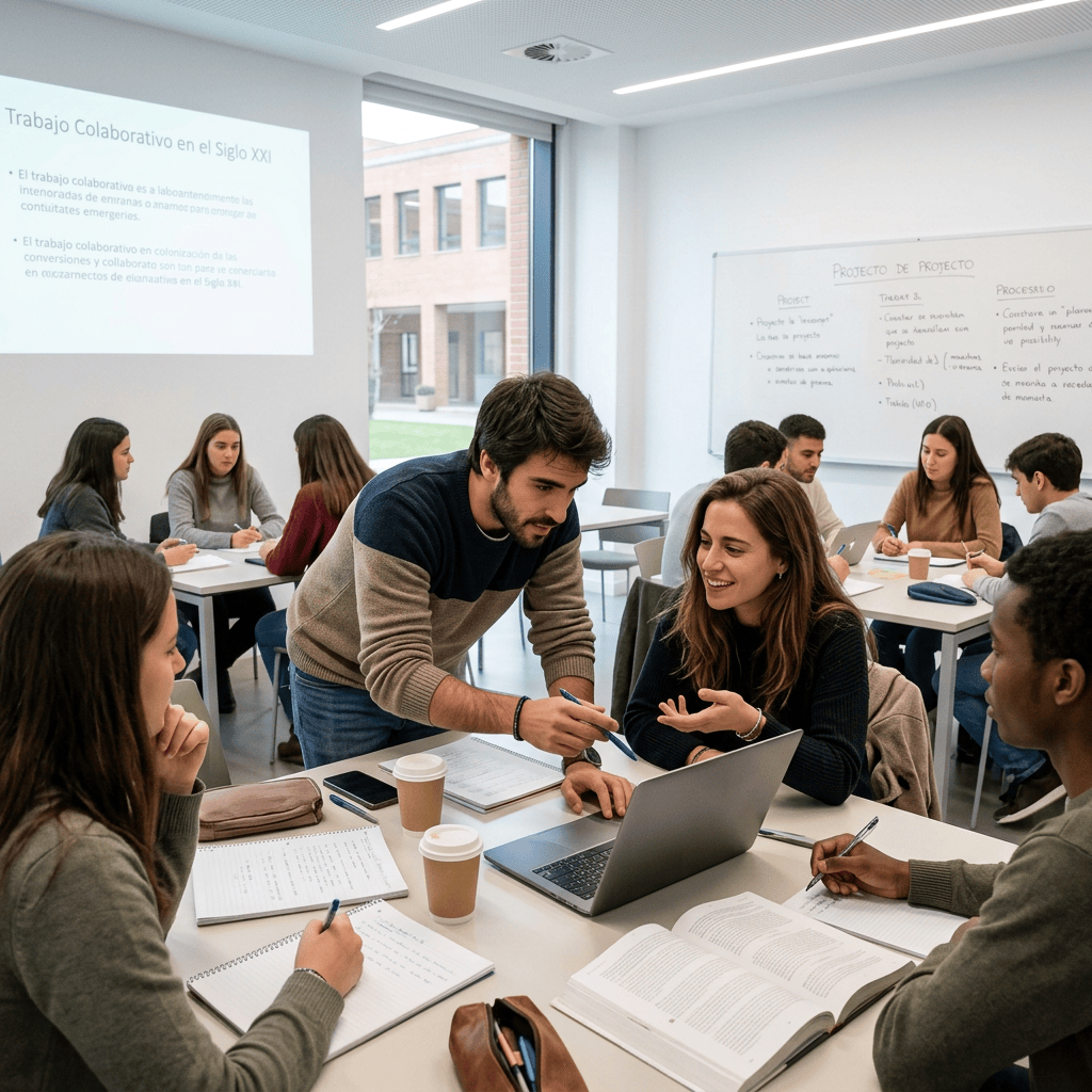 Clase universitaria con trabajo colaborativo
